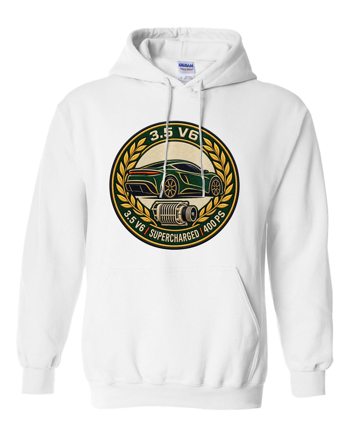Lotus Emira varsity crest with 3.5 V6 SUPERCHARGED 400 PS lettering white pull over hoodie front view with the design