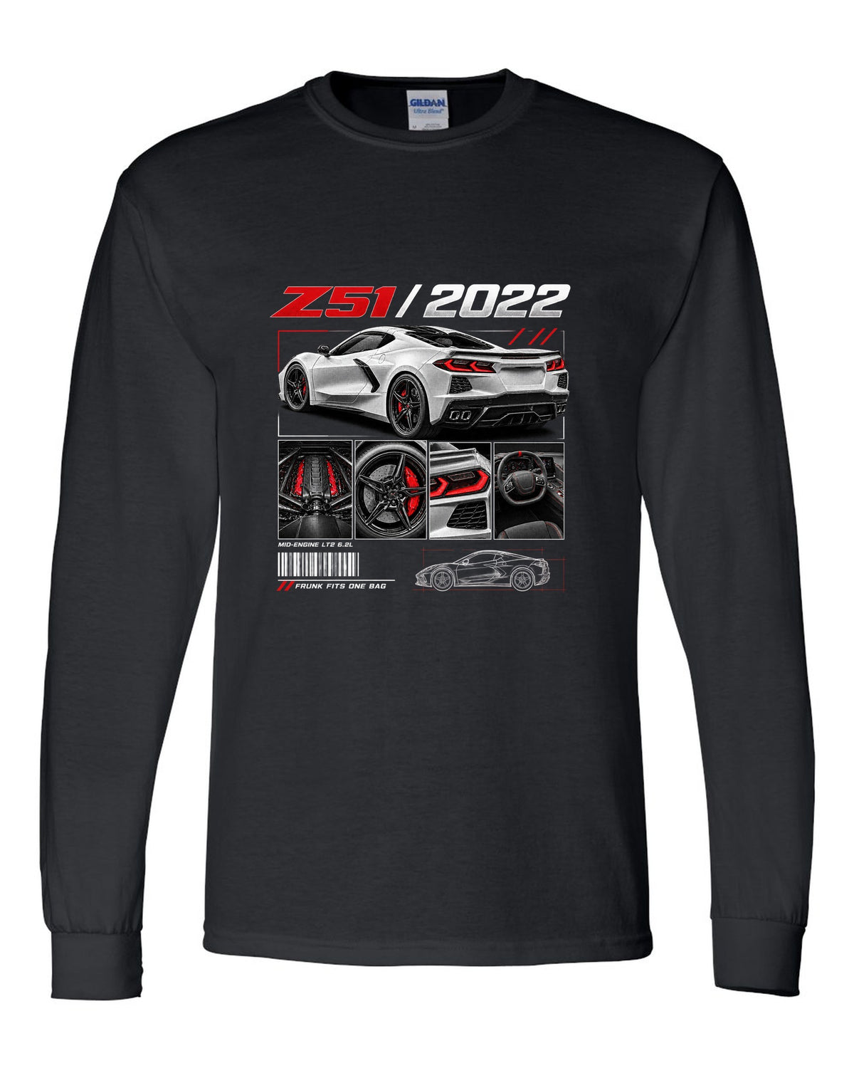 Corvette C8 Stingray Z51 2022 in dossier panels black long sleeve front view with the design