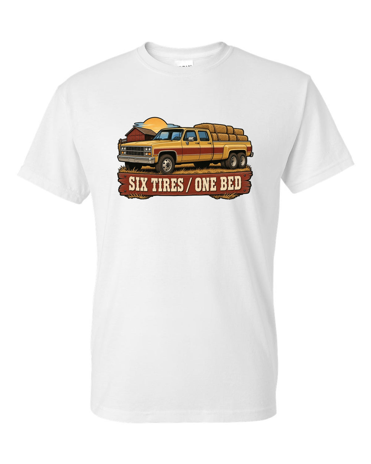 Vintage dealer-ad style print of a 1973-87 Chevrolet C20 Squarebody crew cab with six tires one bed lettering white t-shirt front view with the design