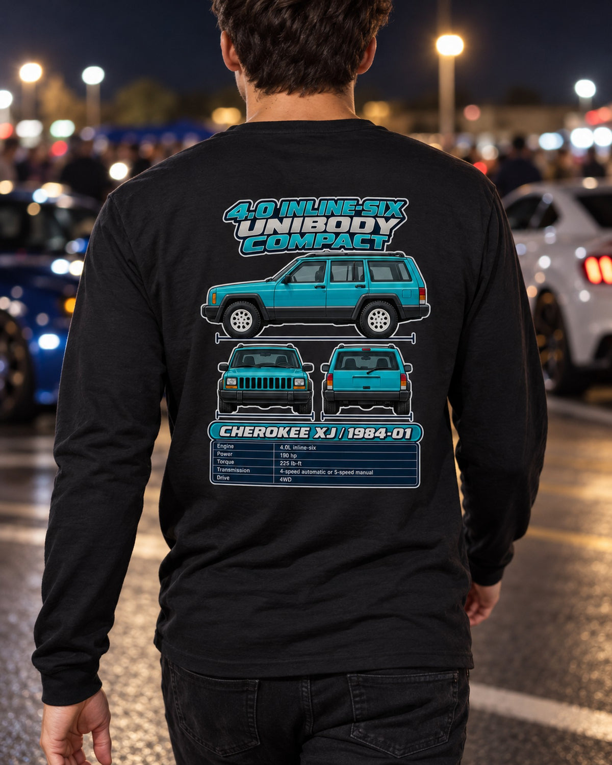 Jeep Cherokee XJ Spec Sheet Full-Back Graphic Tee Long Sleeve Black worn hero