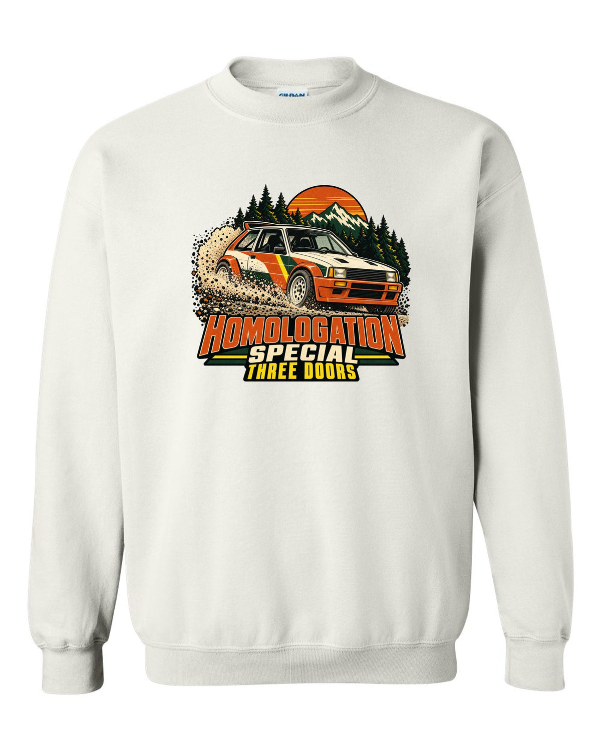 Vintage rally poster of a Toyota GR Yaris sliding on gravel with homologation text white crewneck front view with the design