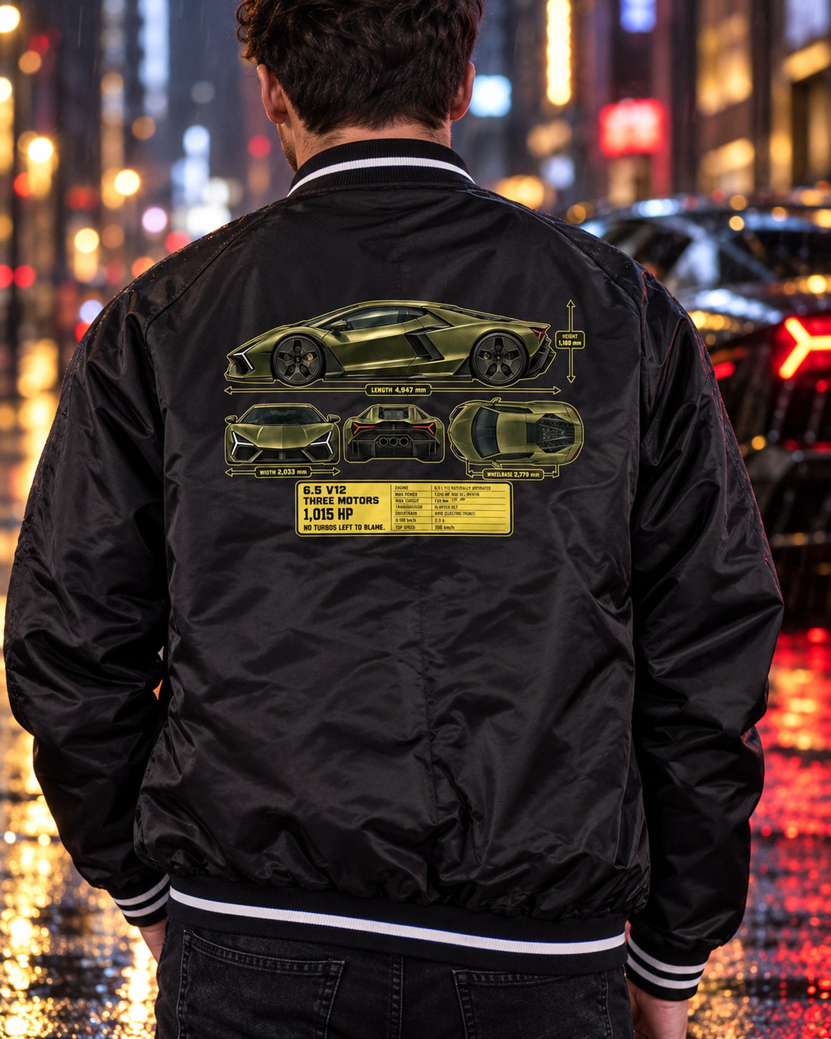 Lamborghini Revuelto Dimension Blueprint Shirt, V12 Hybrid Tee Bomber Jacket Black worn hero