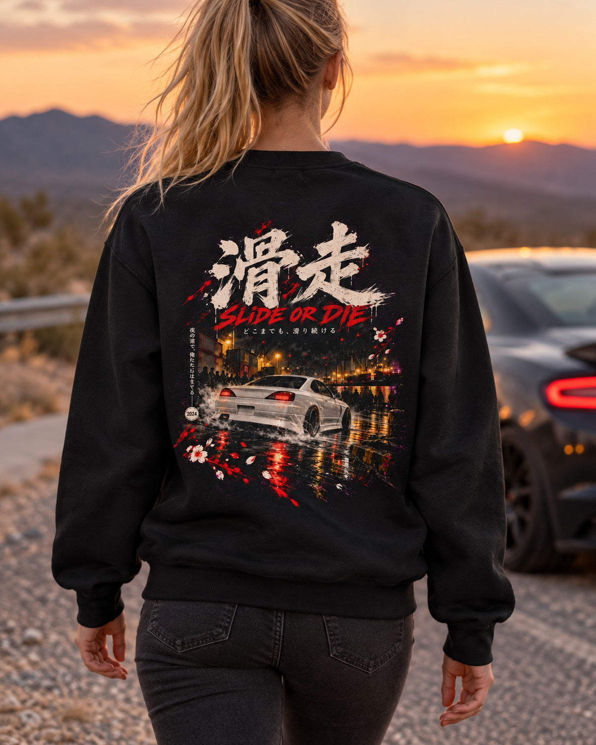Nissan Silvia S15 Slide Or Die Shirt, Hoodie & More Crewneck Black worn hero