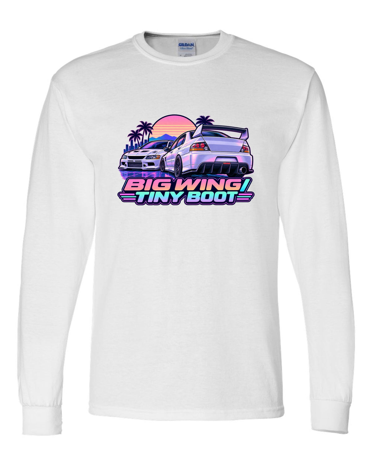 Vaporwave pastel print of the Mitsubishi Evo IX CT9A with big wing tiny boot text white long sleeve front view with the design
