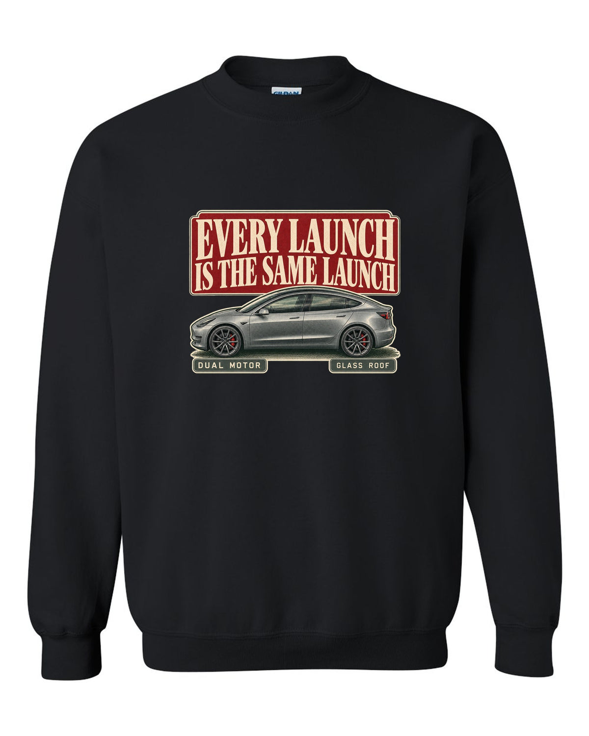 Tesla Model 3 Performance Editorial Headline Tee, 2018-2023 black crewneck front view with the design