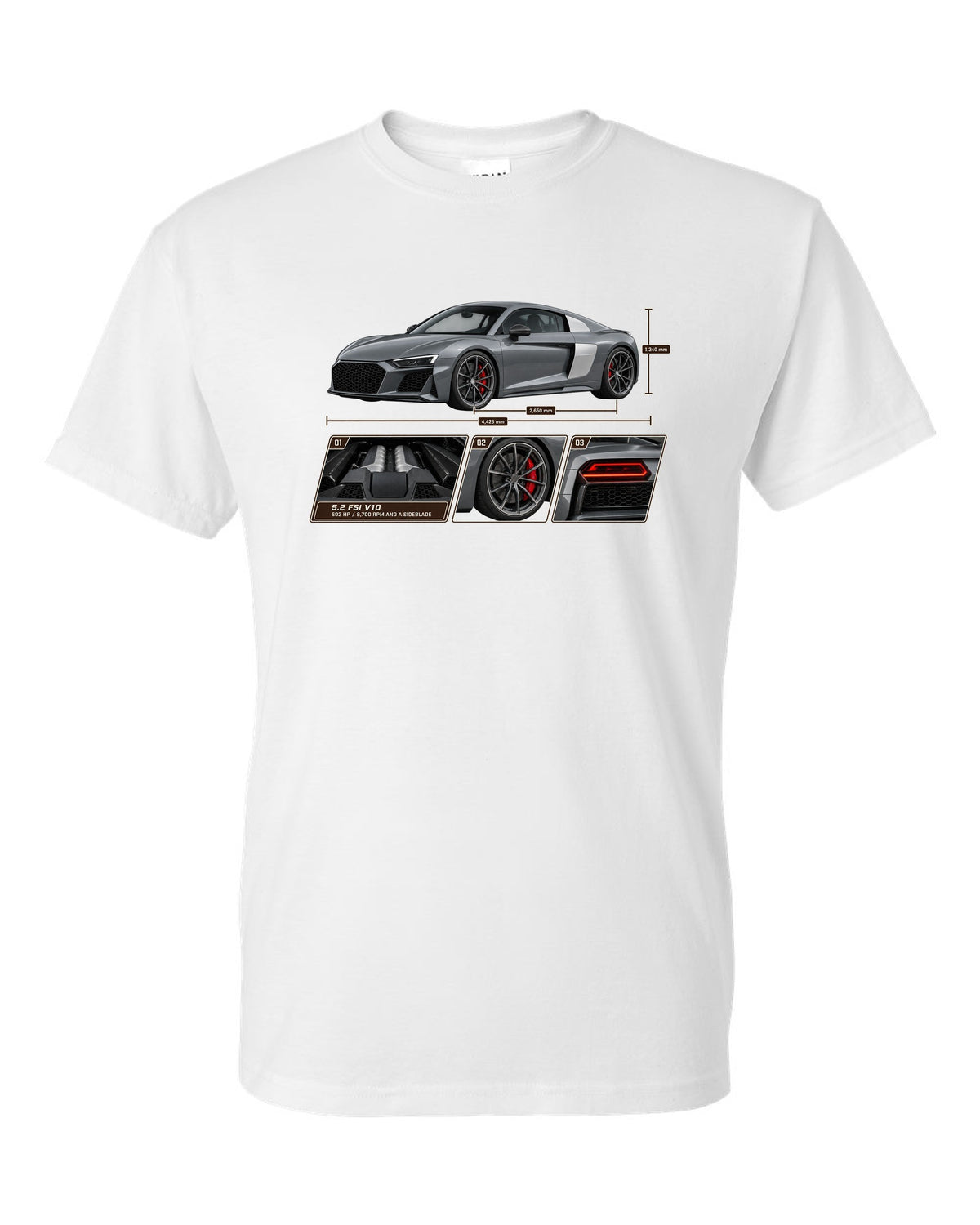 Dossier panel print of a Nardo grey Audi R8 V10 Performance white t-shirt front view with the design