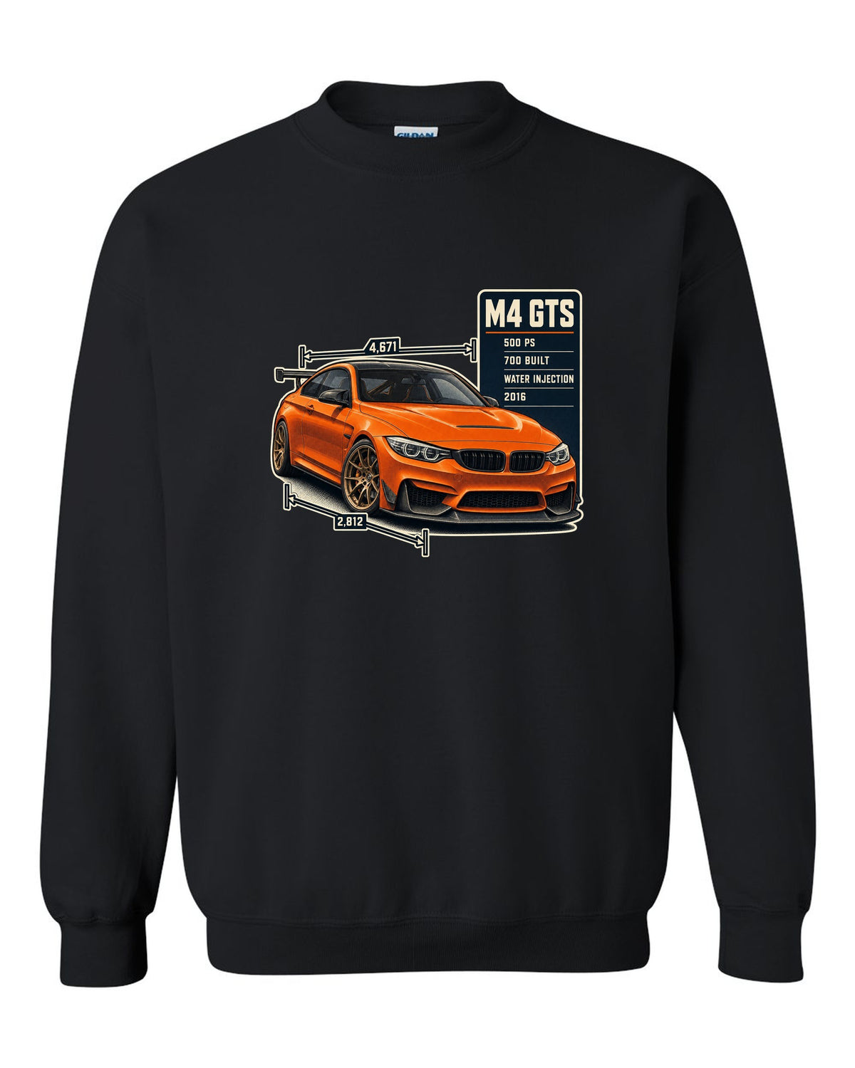 BMW M4 GTS F82 spec poster print design black crewneck front view with the design