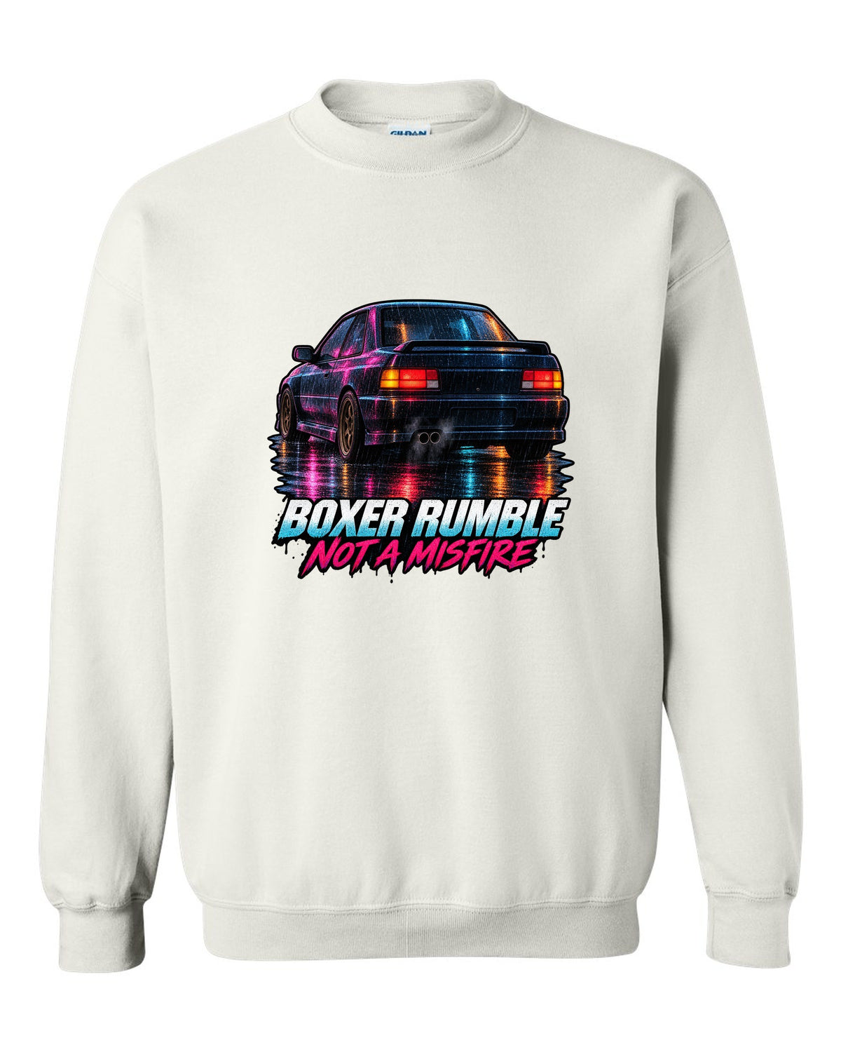 Painterly night scene of a Subaru Impreza WRX GC8 coupe with wet taillight reflections white crewneck front view with the design