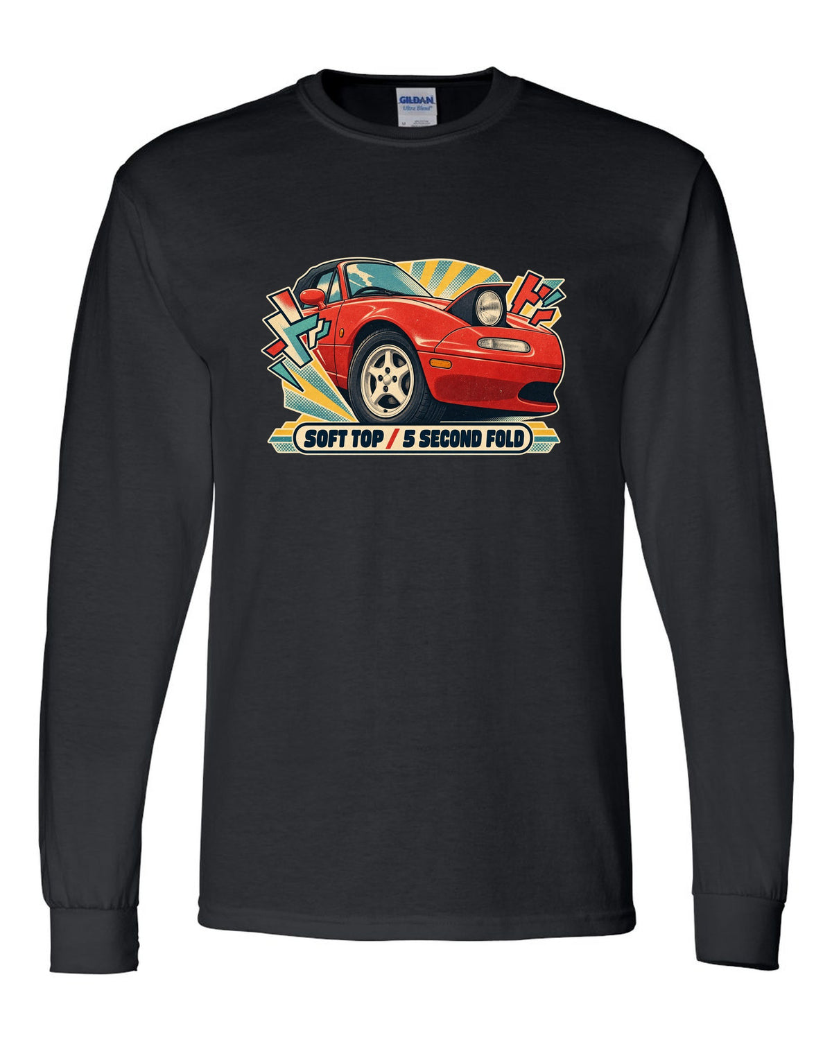 HUD style gauge cluster of a Mazda MX-5 NB with 7K redline text black long sleeve front view with the design