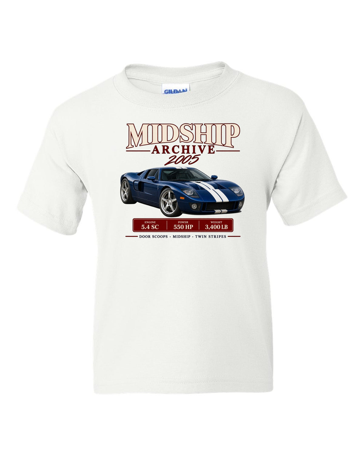 Ford GT 2005-06 midship archive panel print with door scoops, 5.4 SC and 550 HP white kids tee front view with the design