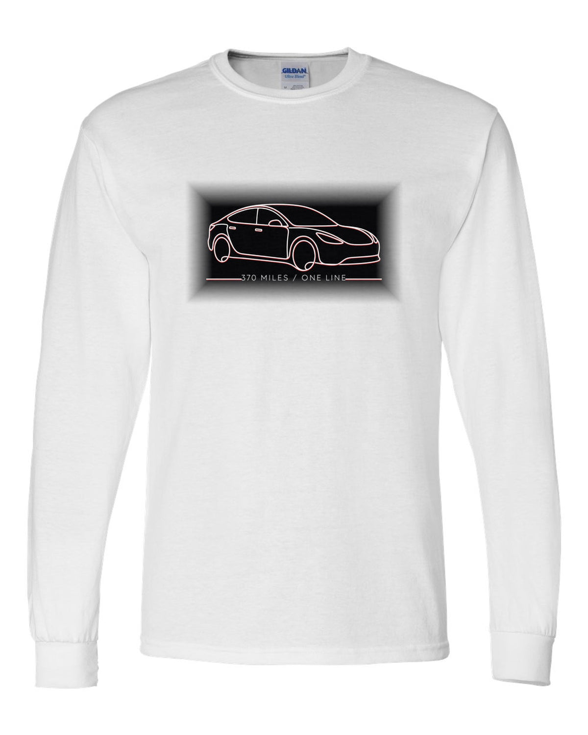 Continuous single-line contour drawing of a 2019 Tesla Model S Raven with the words 370 Miles One Line white long sleeve front view with the design