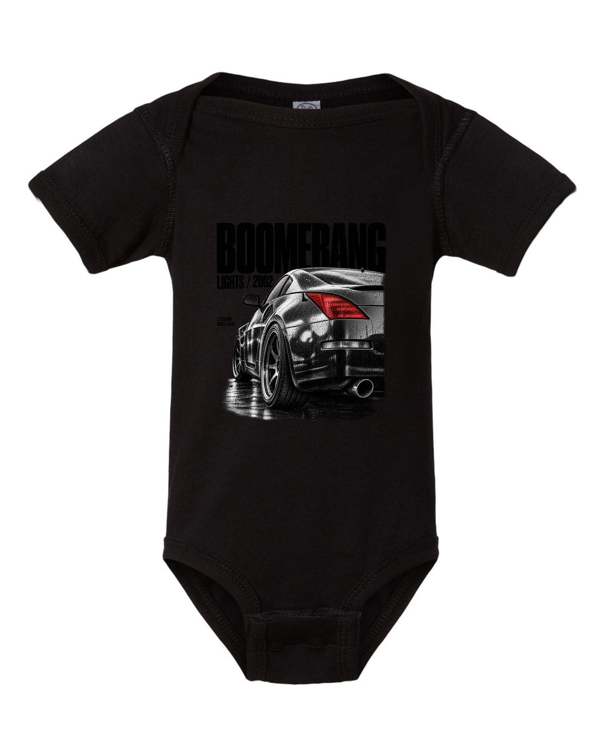 Macro print of Nissan 350Z Z33 boomerang taillights with 2,650 mm wheelbase text black baby onesie front view with the design