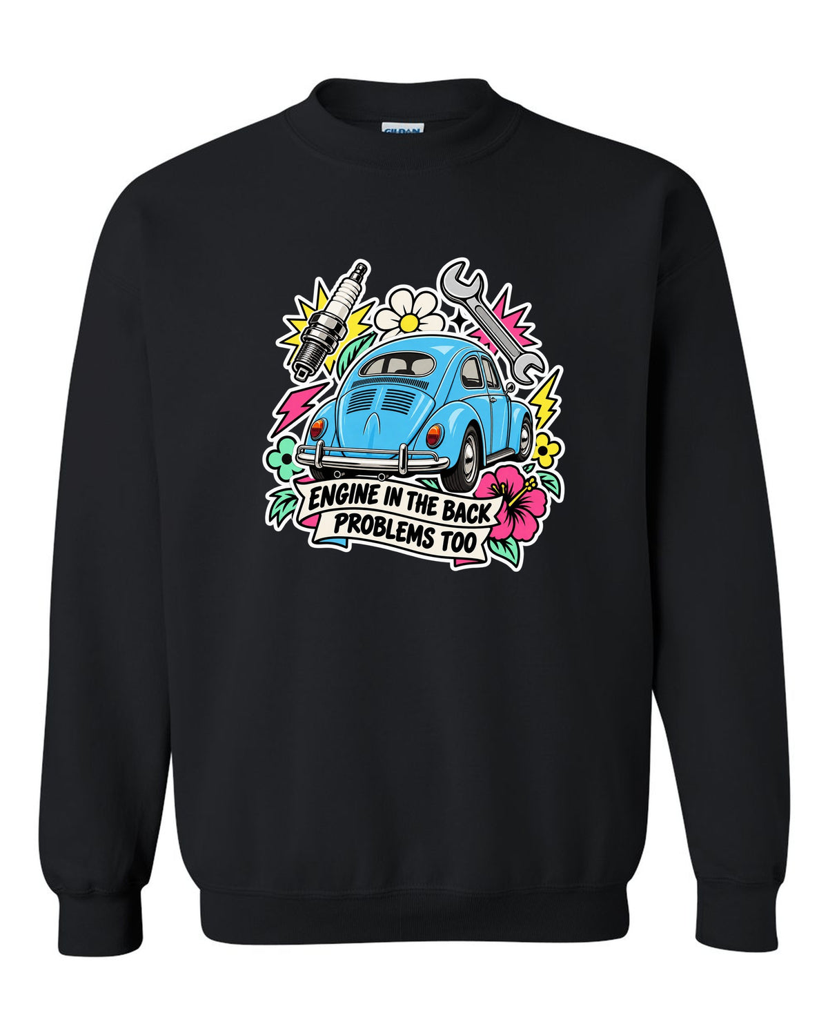 Sticker-bomb collage of a VW Beetle Type 1 with engine in the back lettering black crewneck front view with the design
