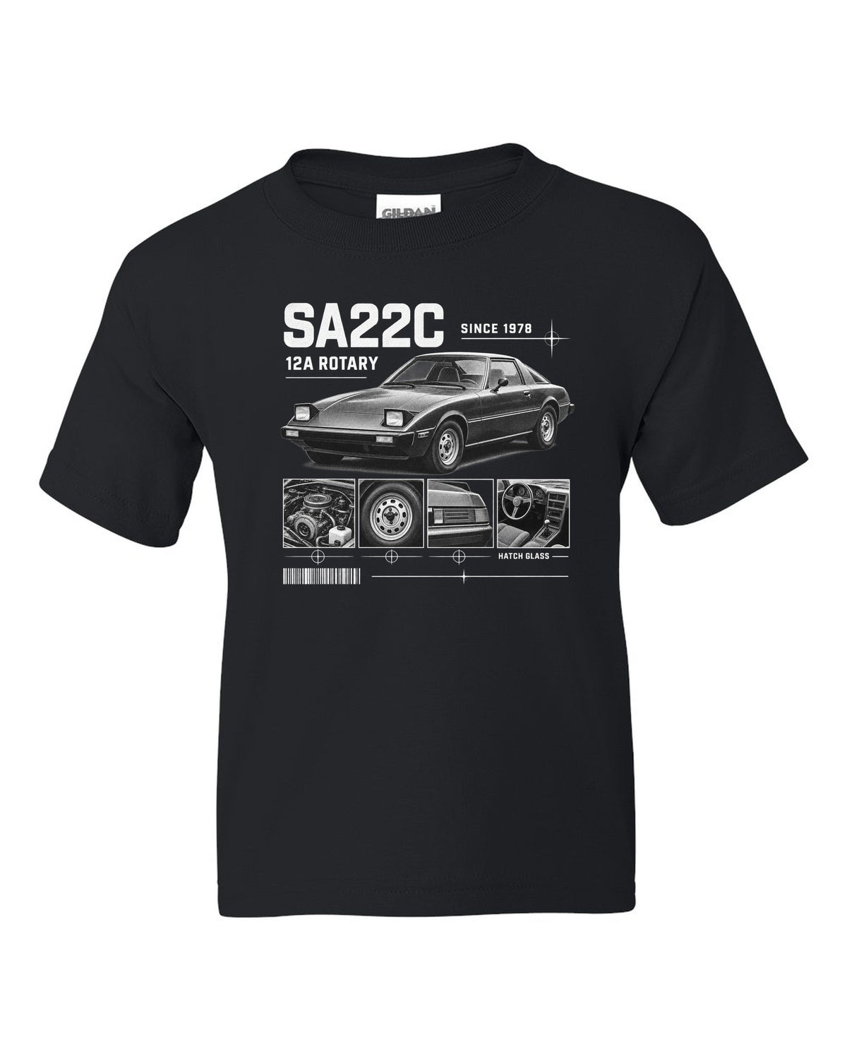 Dossier panel print of a Mazda RX-7 SA22C with 12A rotary lettering black kids tee front view with the design