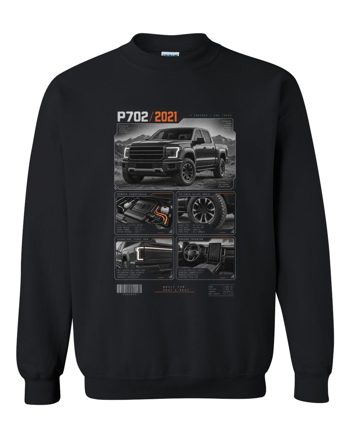 Dossier panel print of a 2021 Ford F-150 P702 light bar with five engines text black crewneck front view with the design