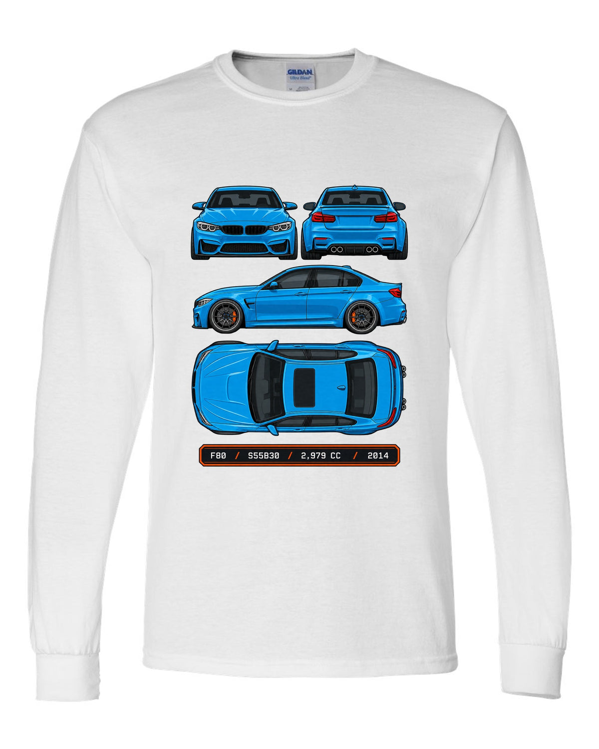 Spec plate style print of a BMW F80 M3 sedan with F80 S55B30 2,979 cc 2014 text white long sleeve front view with the design