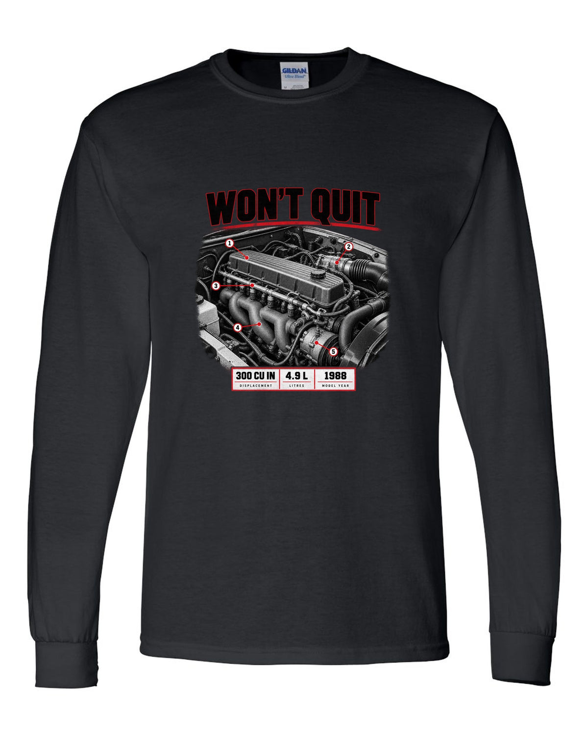 Engine print of a 1987-91 Ford F-150 Brick-Nose 4.9 inline six with 300 cu in text black long sleeve front view with the design