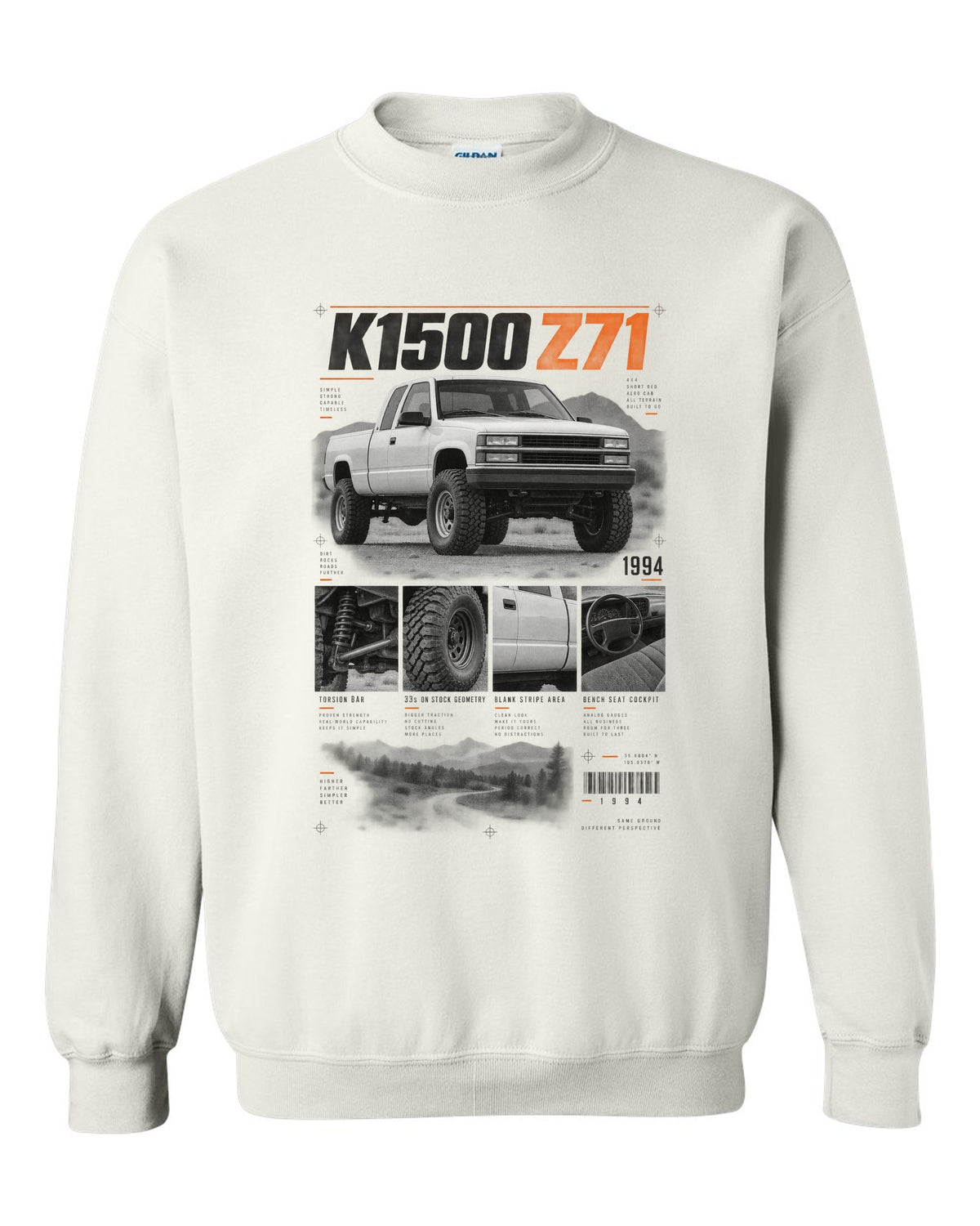 GMT400 K1500 Z71 OBS dossier panel print white crewneck front view with the design