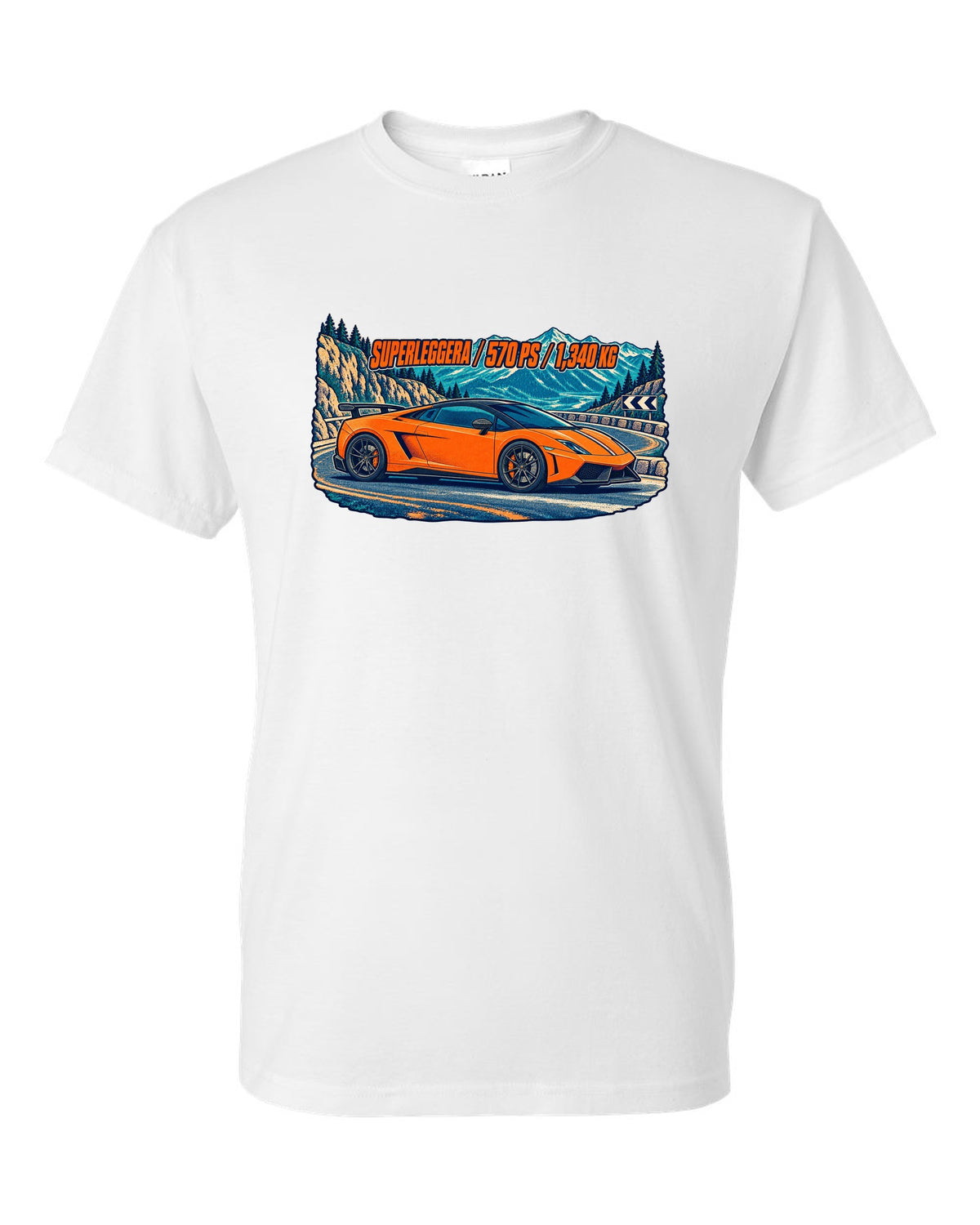 Three-colour risograph design of a Lamborghini Gallardo LP570-4 Superleggera on a mountain pass white t-shirt front view with the design