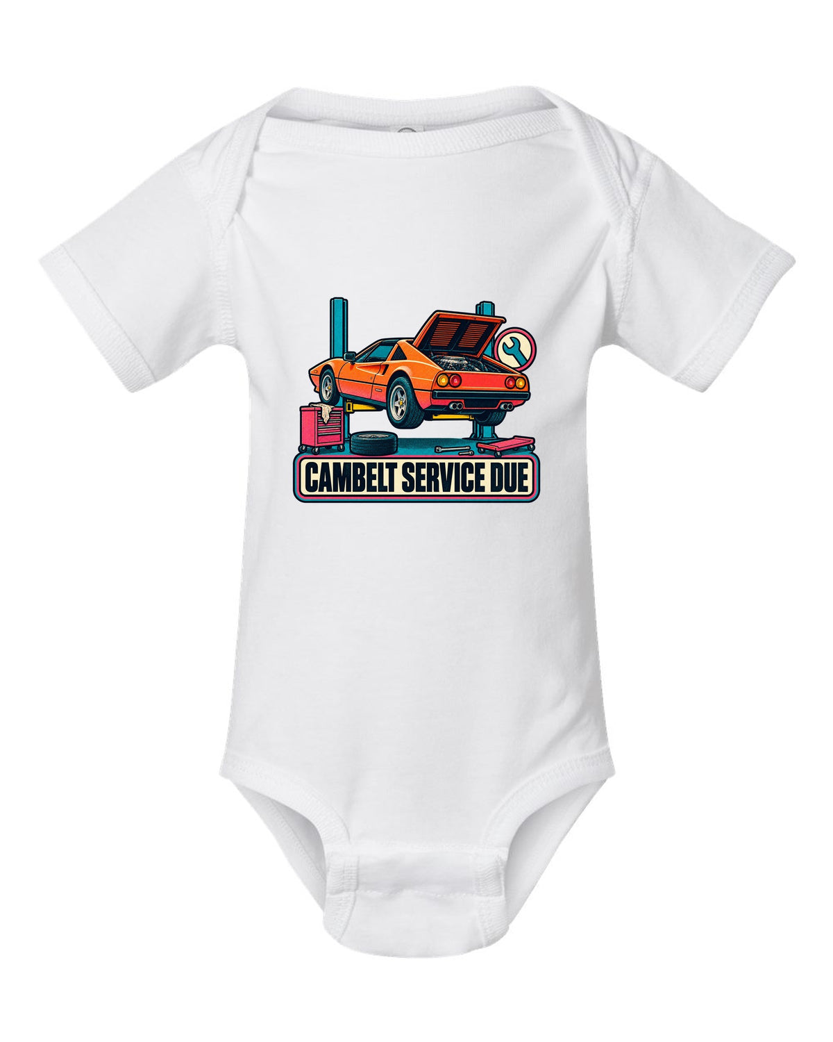 Risograph two-colour halftone print of a Ferrari 308 GTS with the text cambelt service due white baby onesie front view with the design