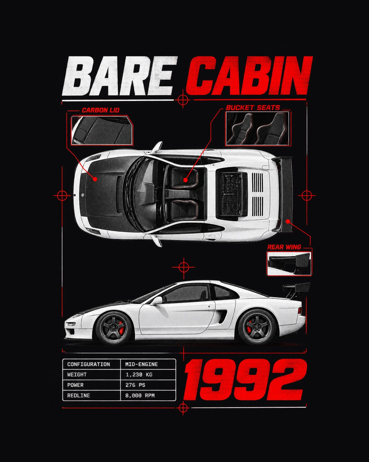 Honda NSX-R NA1 Spec Poster Shirt, Bare Cabin Car Guy Gift design only