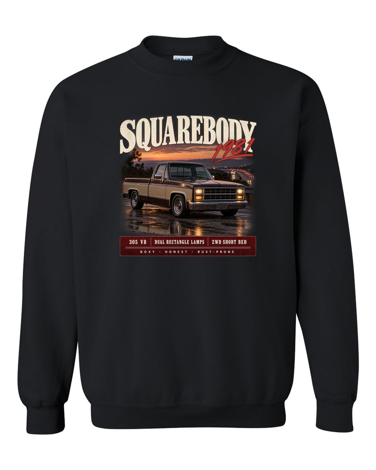 1981 Squarebody C10 Silverado archive panel print black crewneck front view with the design