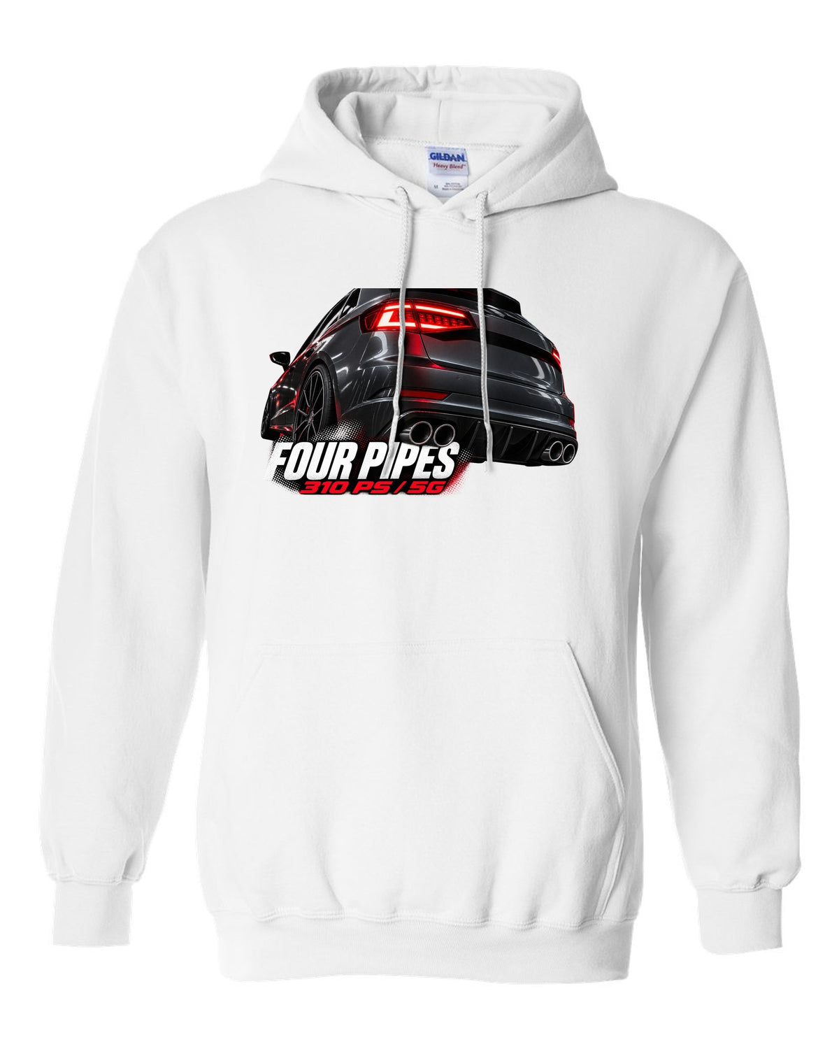 print macro of a VW Golf R Mk7.5 rear taillight and four exhaust pipes with 310 PS text white pull over hoodie front view with the design