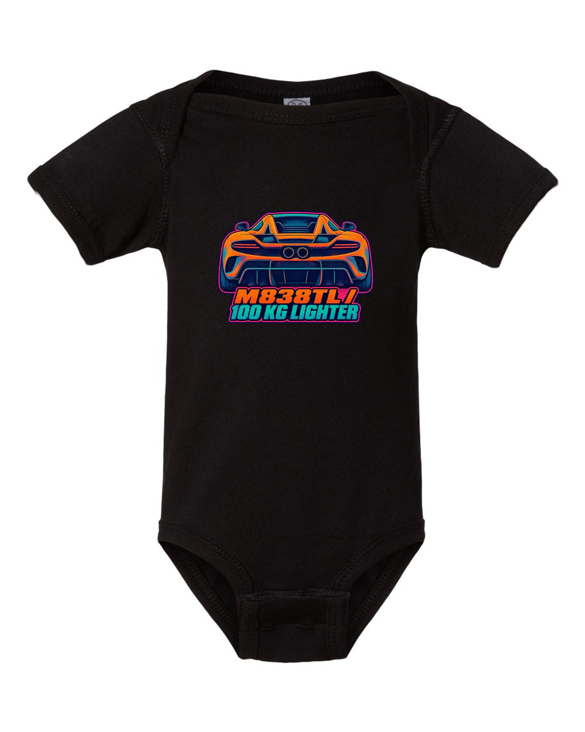 Risograph spot colour print of the McLaren 675LT flying buttress with M838TL and 100 kg Lighter lettering black baby onesie front view with the design