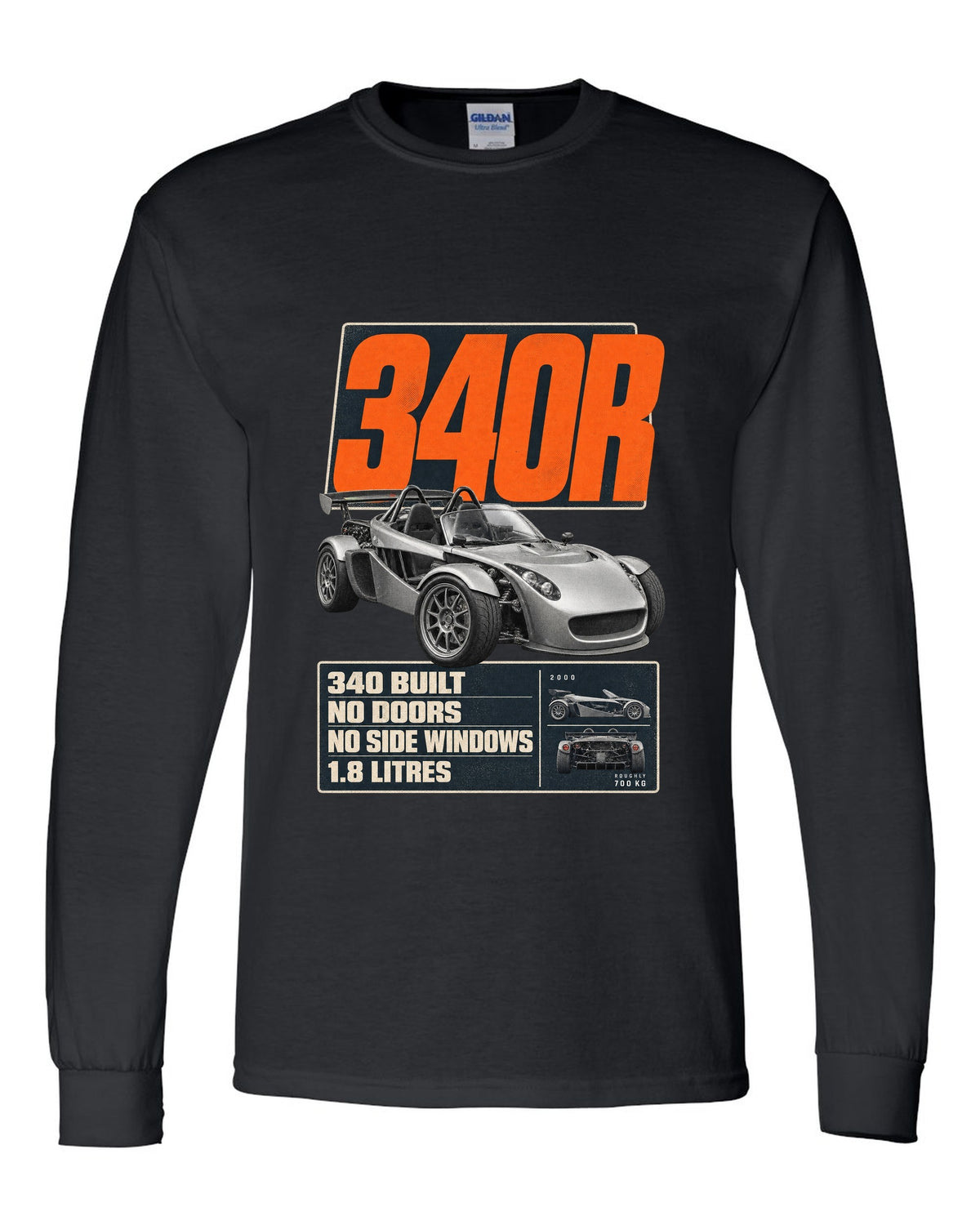 Lotus Elise 340R doorless roadster editorial headline print design black long sleeve front view with the design