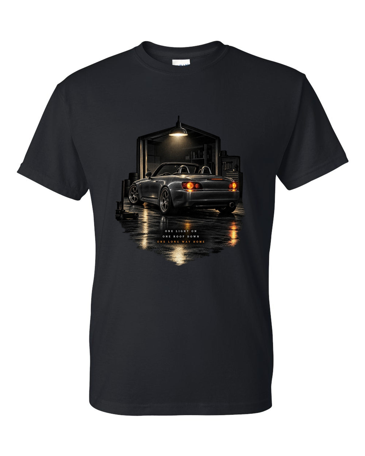 Honda S2000 AP1 roadster garage night design with roof down long way home text black t-shirt front view with the design