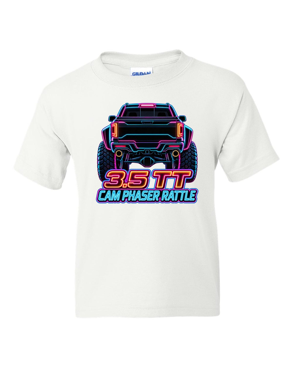 Neon outline print of a 2017-2020 Ford F-150 Raptor Gen 2 P552 taillights on black white kids tee front view with the design