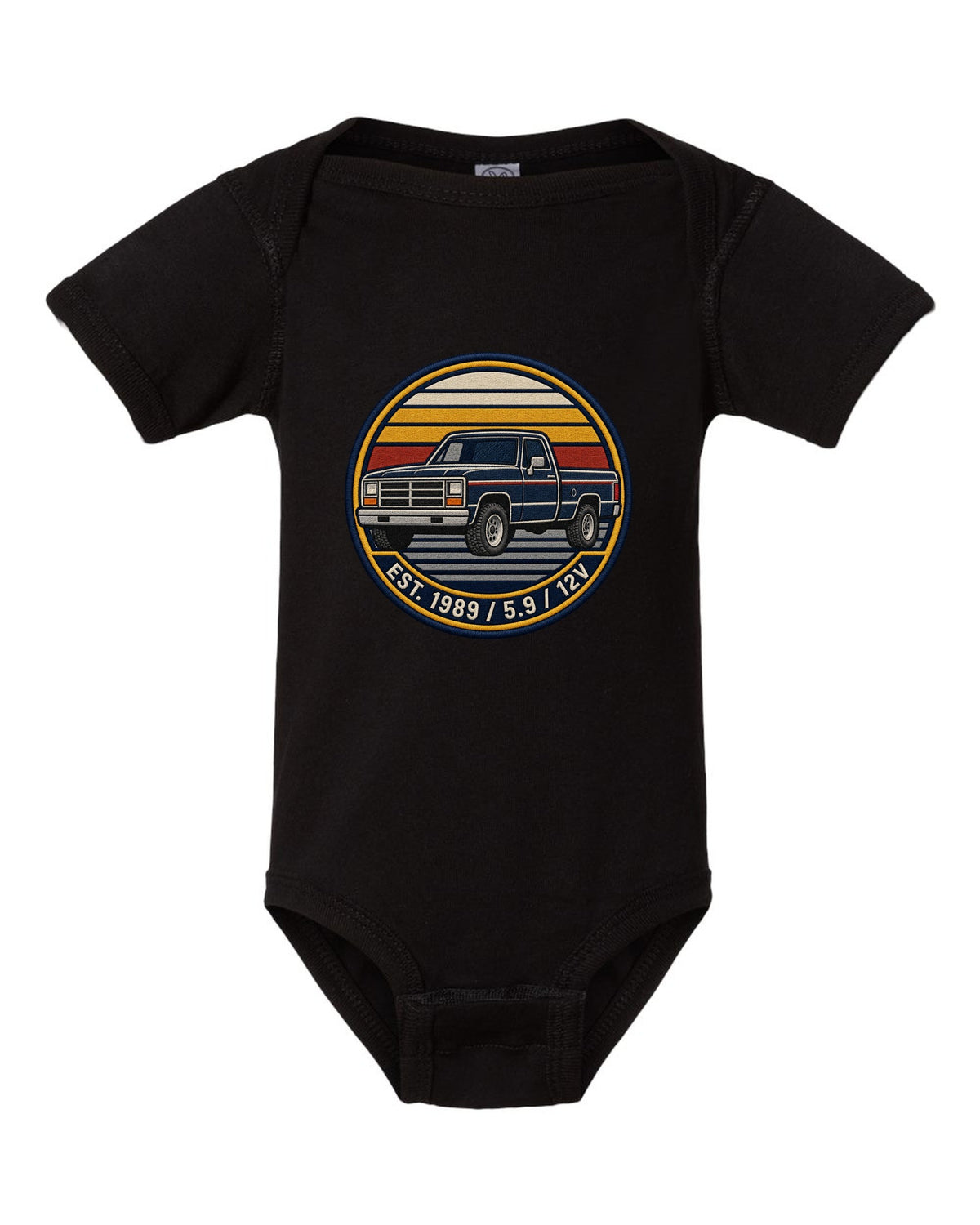 Varsity-style grille crest print of a 1989-1993 Dodge Ram 1st gen with Est. 1989 5.9 12V text black baby onesie front view with the design