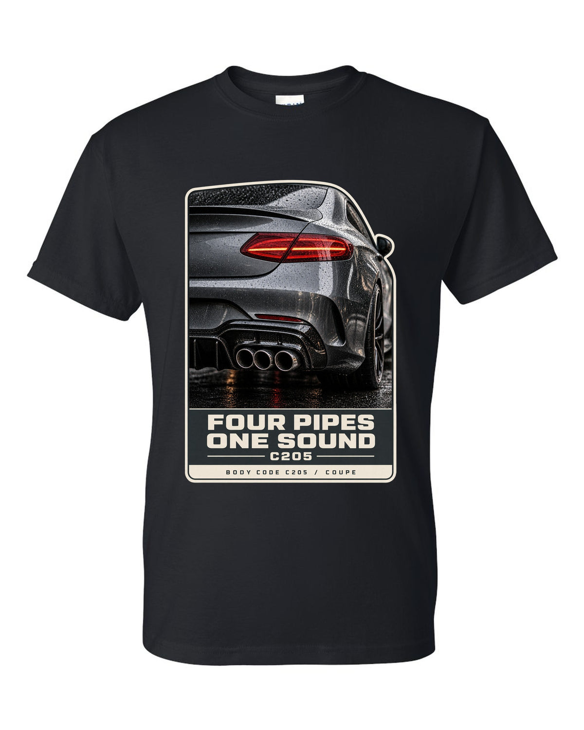 Mercedes-AMG C63 Coupe C205 rear taillight and four-pipe exhaust macro black t-shirt front view with the design