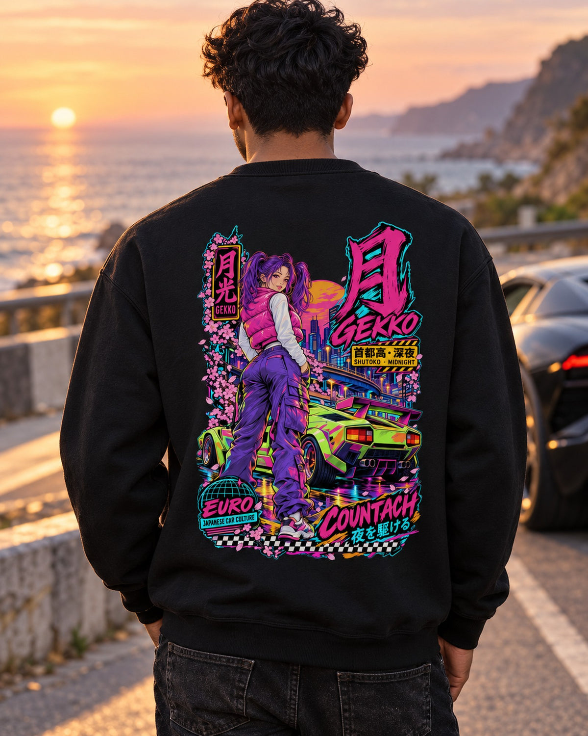 GEKKO COUNTACH Anime Girl Full-Back Graphic Tee Crewneck Black worn hero