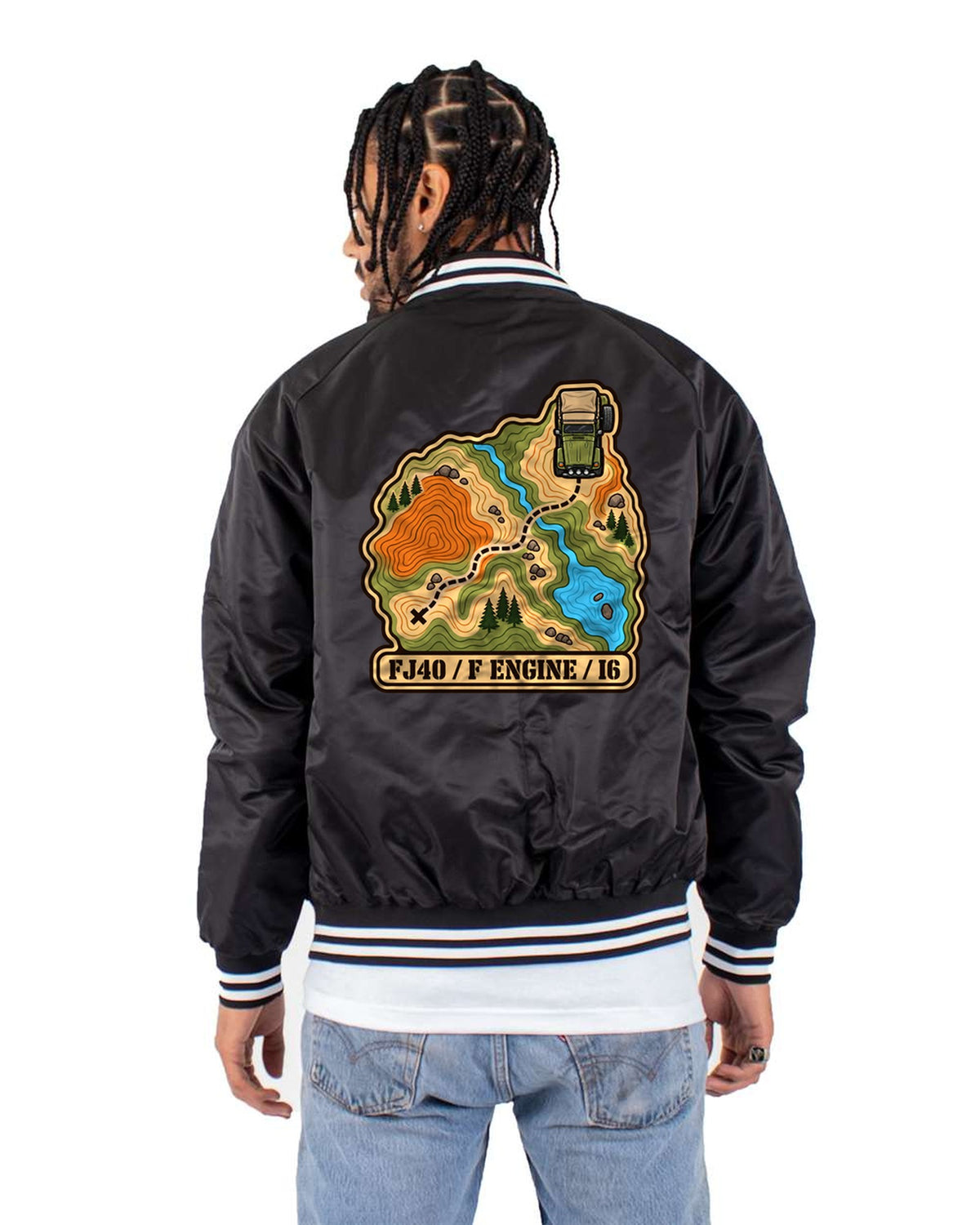 Land Cruiser FJ40 Topographic Route Map Tee, F Engine I6 Bomber Jacket Black back