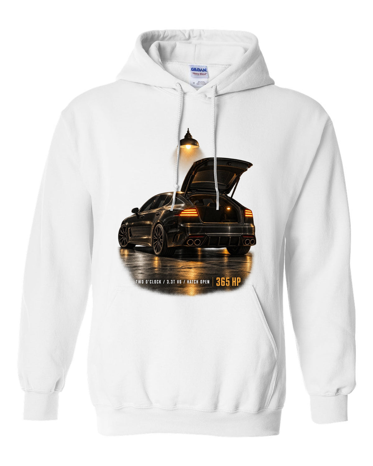 Kia Stinger GT CK garage night print with ch open and 3.3T V6 text white pull over hoodie front view with the design