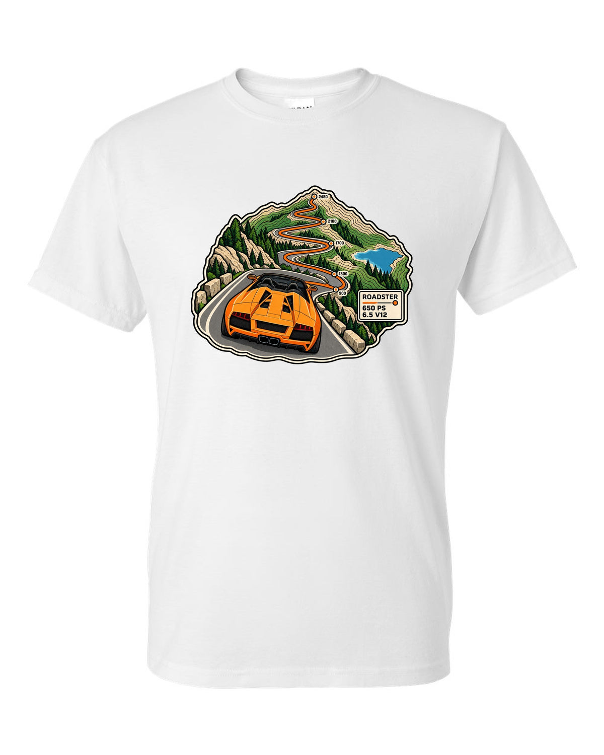 Topographic route map of a 2010 Lamborghini Murcielago LP650-4 Roadster with 650 PS and 6.5 V12 white t-shirt front view with the design