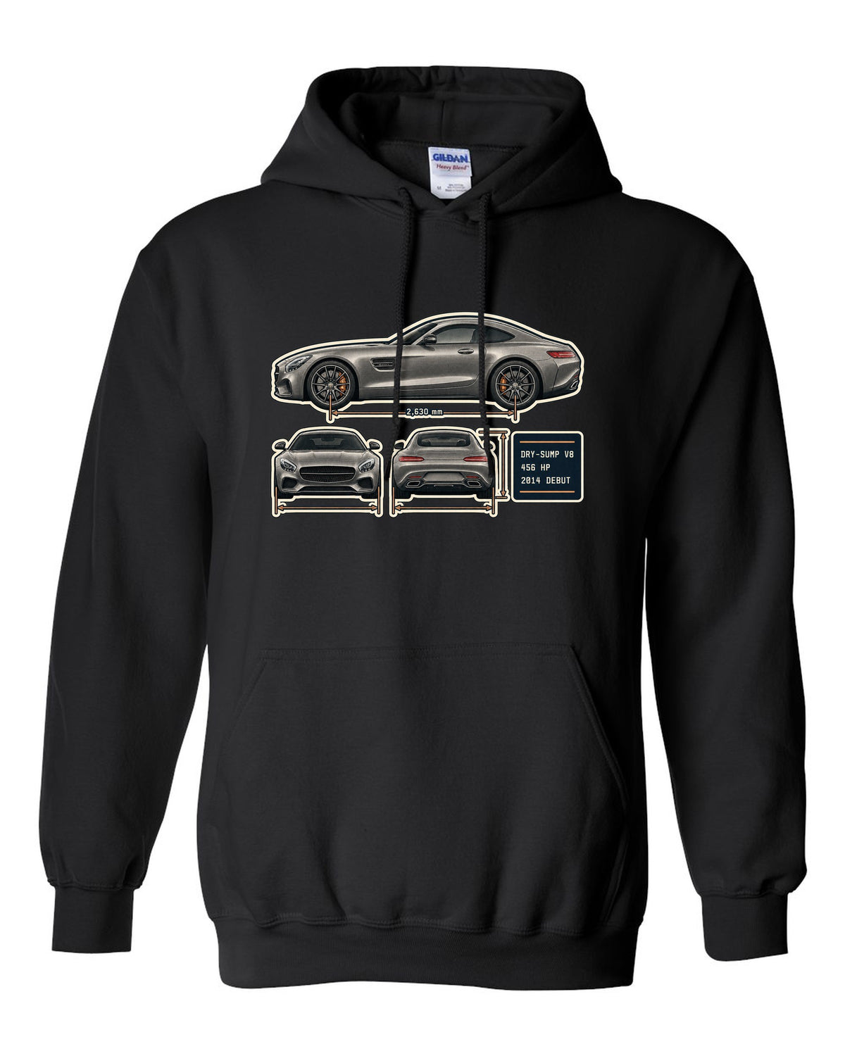 Mercedes-AMG GT C190 three-view and spec table print black pull over hoodie front view with the design