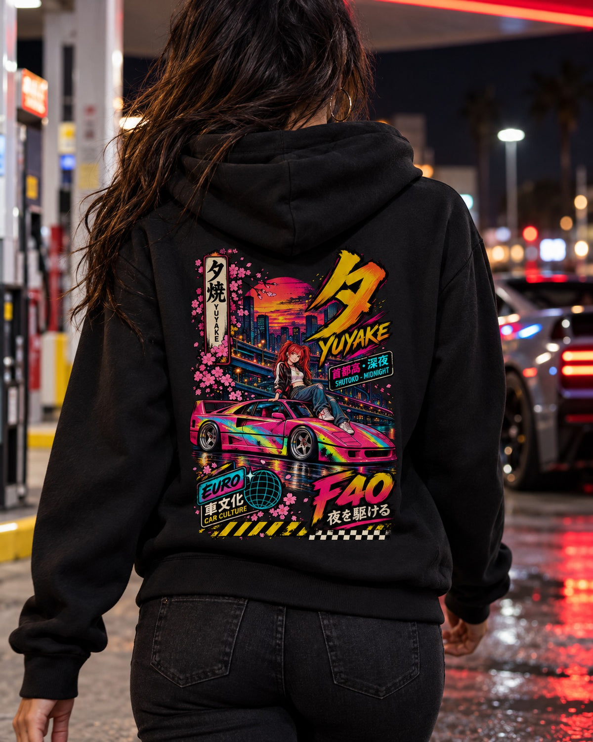 YUYAKE F40 Anime Girl Full-Back Graphic Tee Pull Over Hoodie Black worn hero