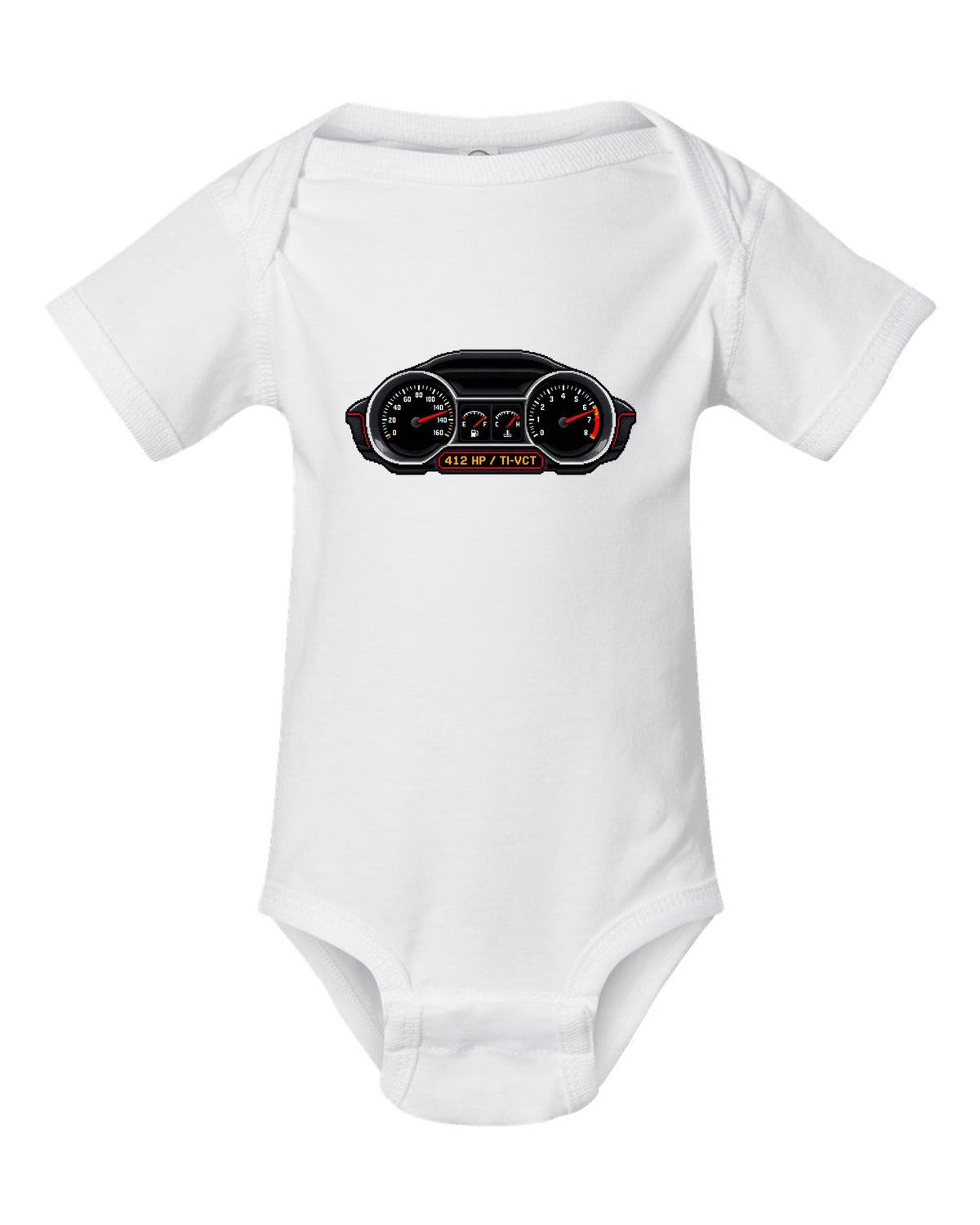 Pixel art 2005-2014 S197 Ford Mustang fastback with Coyote 412 HP gauges white baby onesie front view with the design
