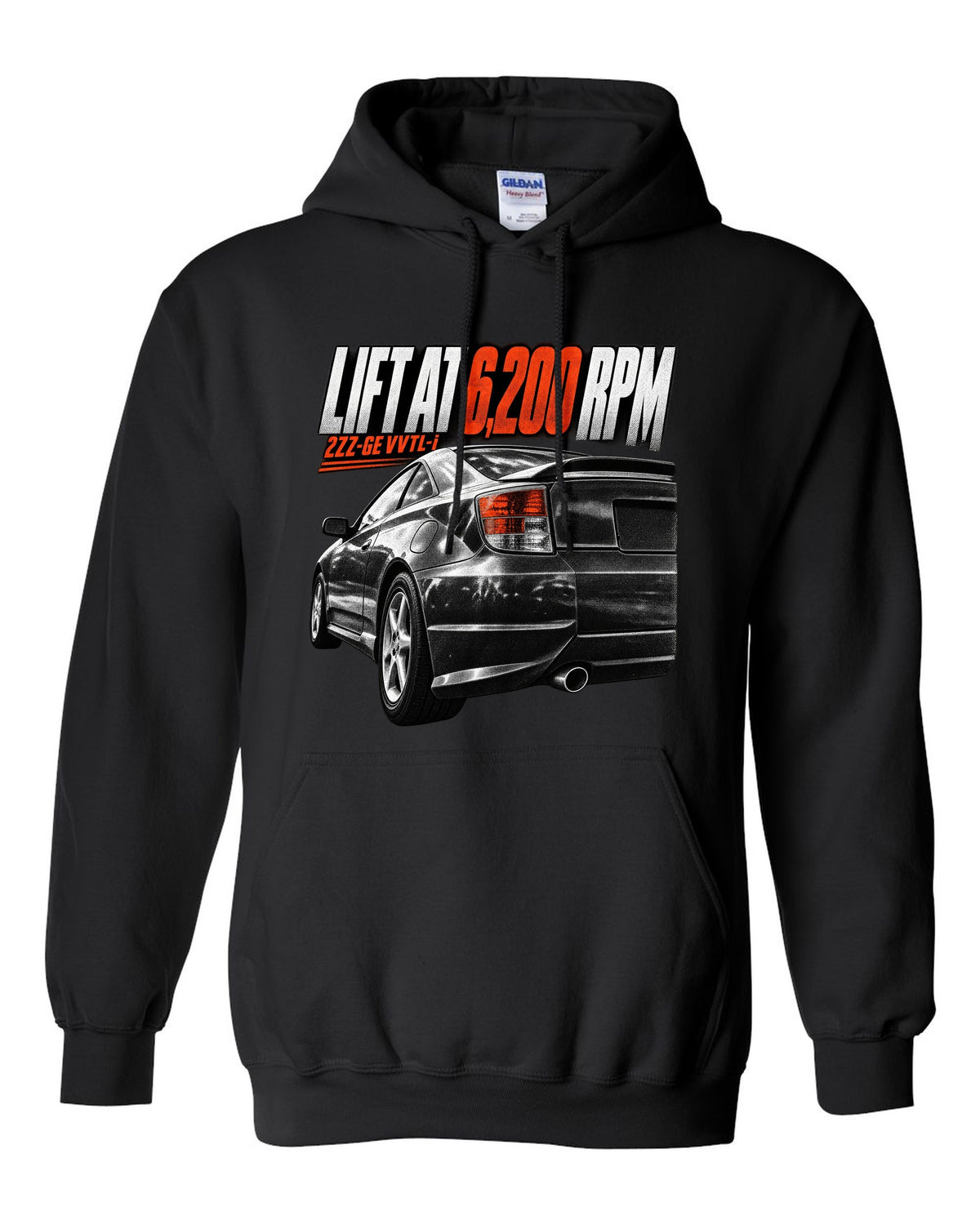 Taillight macro print of a Toyota Celica T230 ZZT231 with Lift At 6,200 RPM and 2ZZ-GE VVTL-i text black pull over hoodie front view with the design