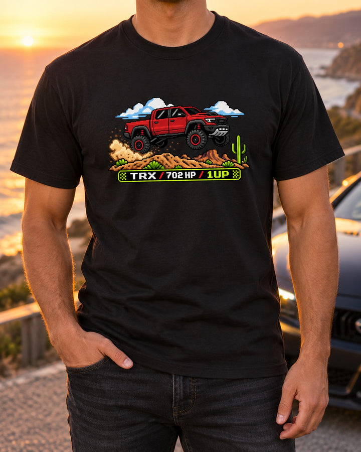 8-Bit Ram 1500 TRX Pixel Jump Shirt, 702 HP 1UP Retro Gamer T-Shirt Black worn hero