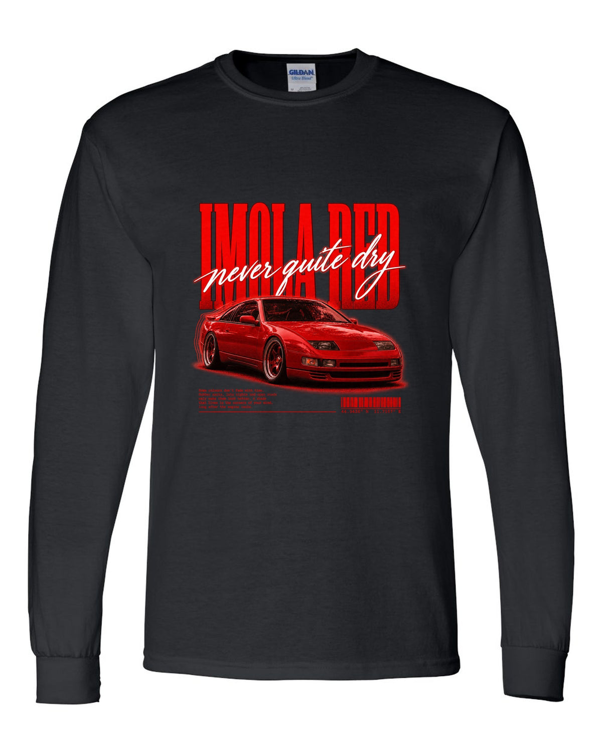 BMW E36 M3 coupe Imola Red street poster print with never quite dry text black long sleeve front view with the design