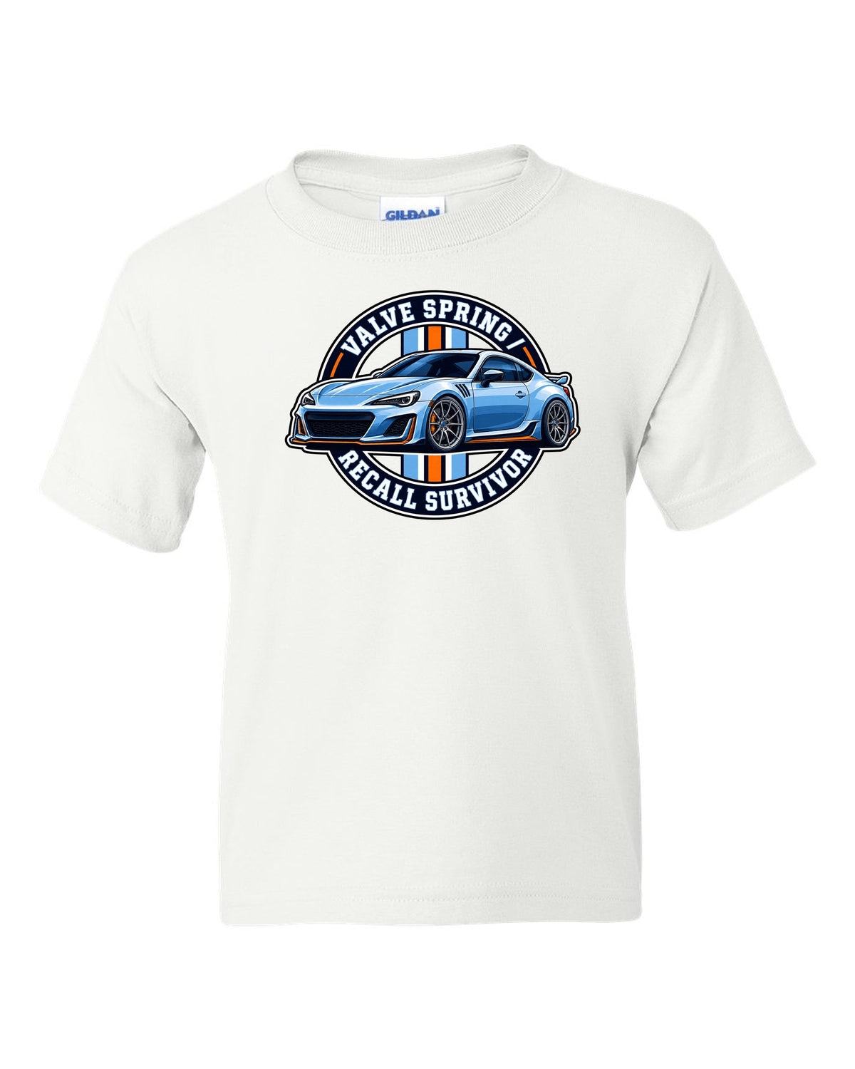 Round varsity crest design for a Subaru BRZ ZC6 reading valve spring recall survivor white kids tee front view with the design
