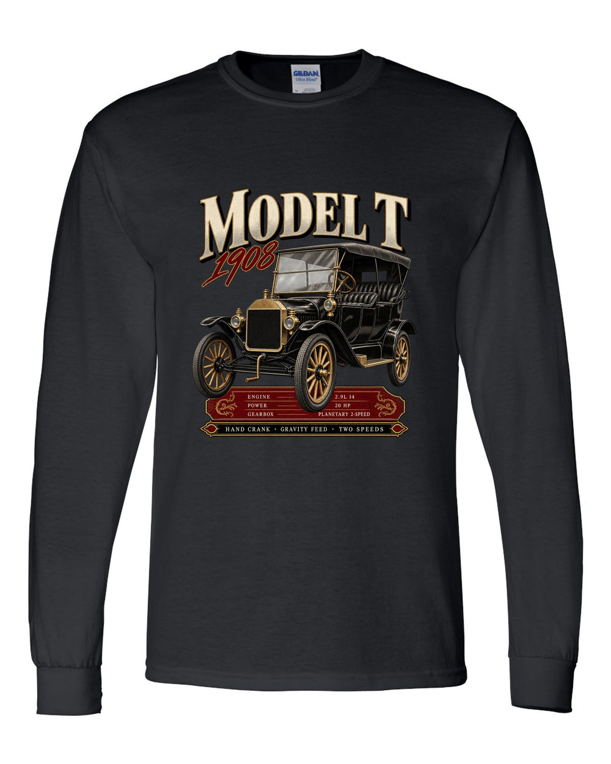 Archive panel print of a Ford Model T touring car with engine specs black long sleeve front view with the design