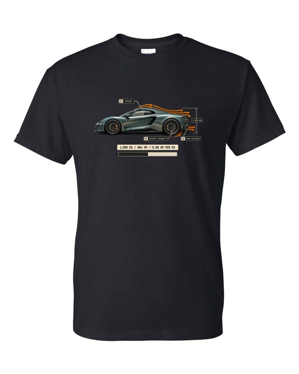 Airflow callout print of the Pagani Utopia with the text 1,280 kg, 864 hp, 0.68 hp per kg black t-shirt front view with the design