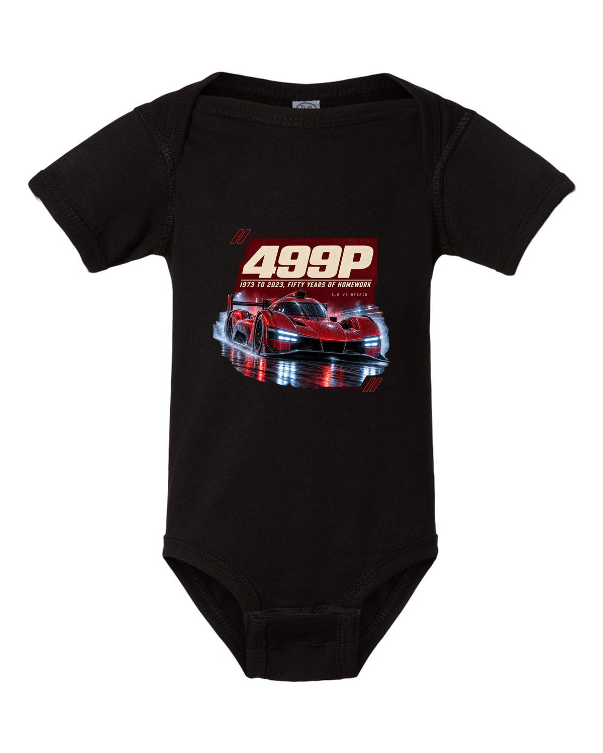 Ferrari 499P on a rainy night street print, 1973 to 2023 black baby onesie front view with the design