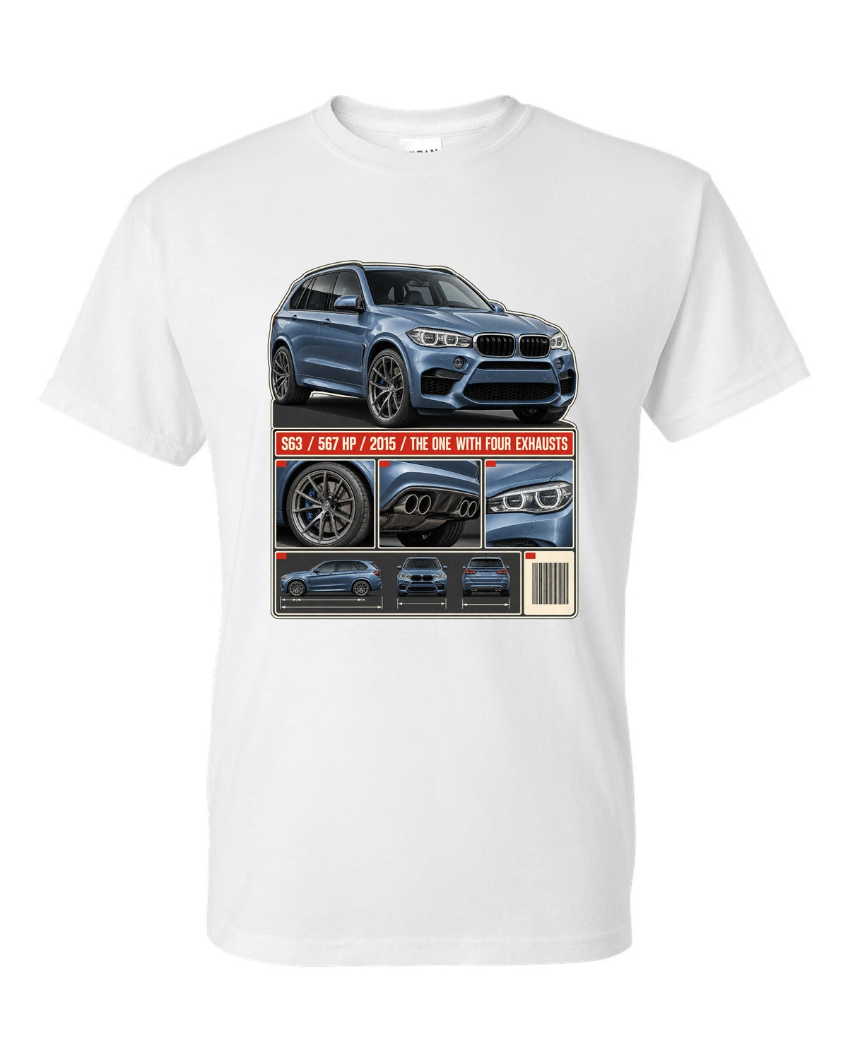 BMW X5 M F85 dossier panels print on a tee white t-shirt front view with the design