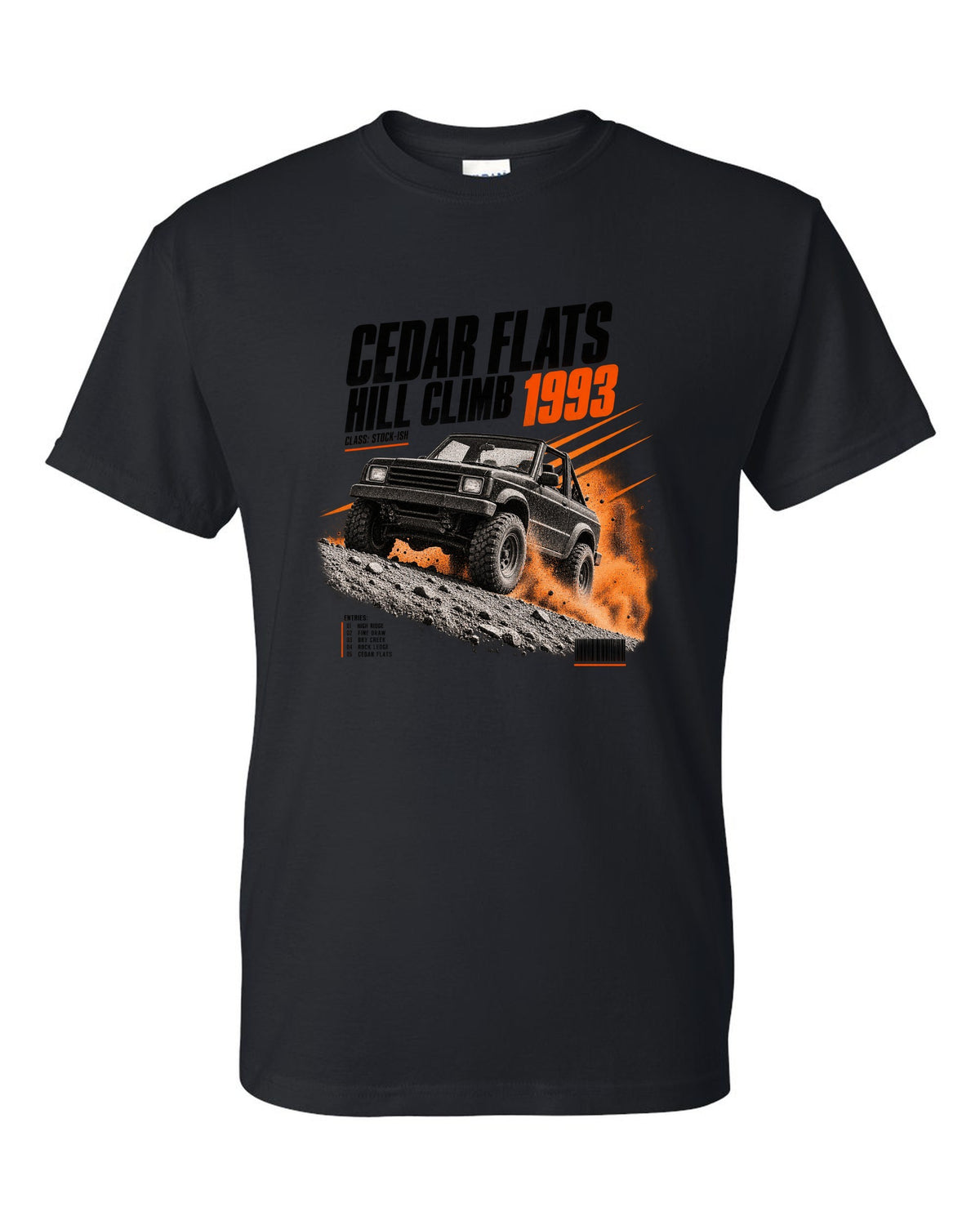 Race poster print for the Jeep Wrangler YJ, Cedar Flats Hill Climb 1993 black t-shirt front view with the design