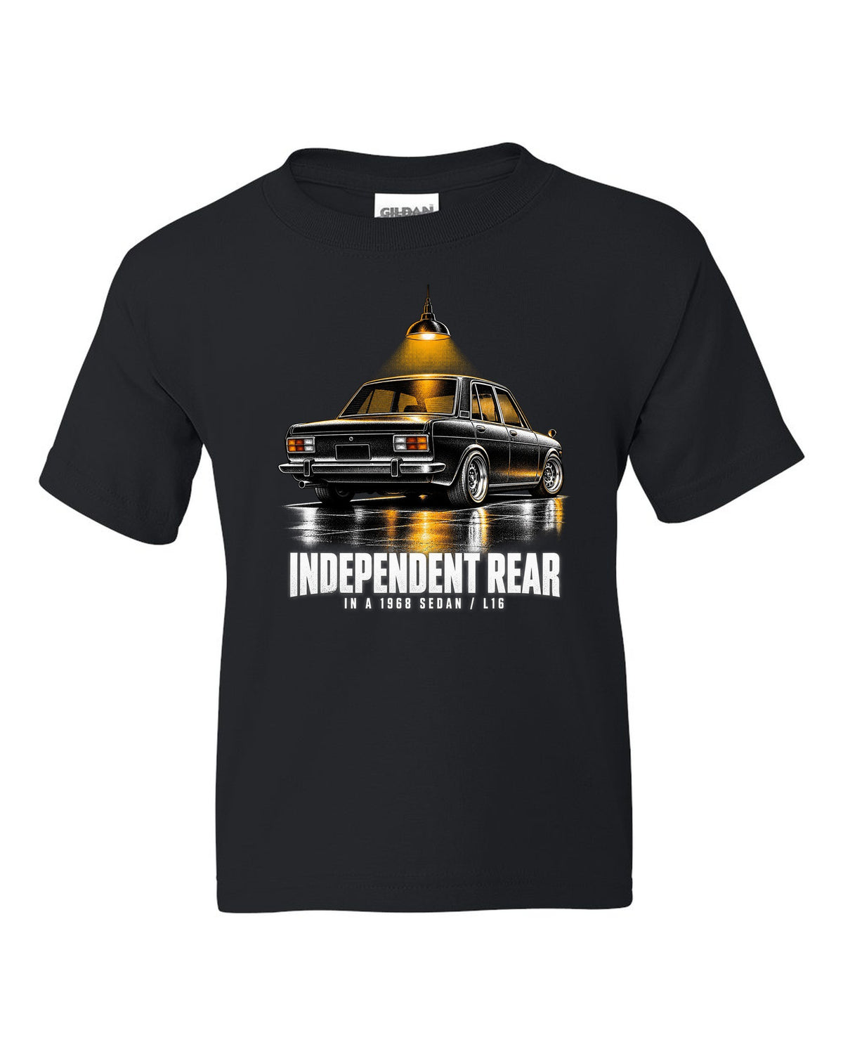 print of a 1968 Datsun 510 PL510 sedan from the rear three-quarter in a night garage black kids tee front view with the design